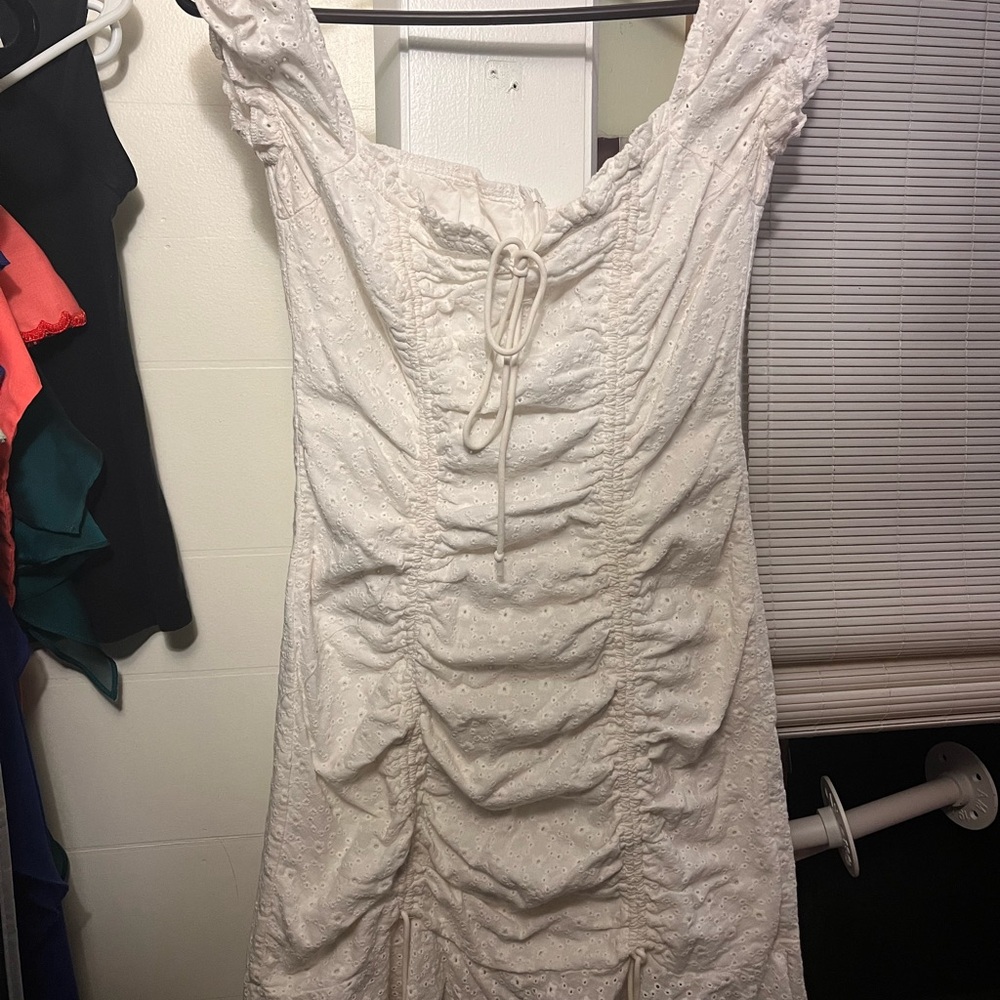 White Ruched Dress with Lace-Up Front